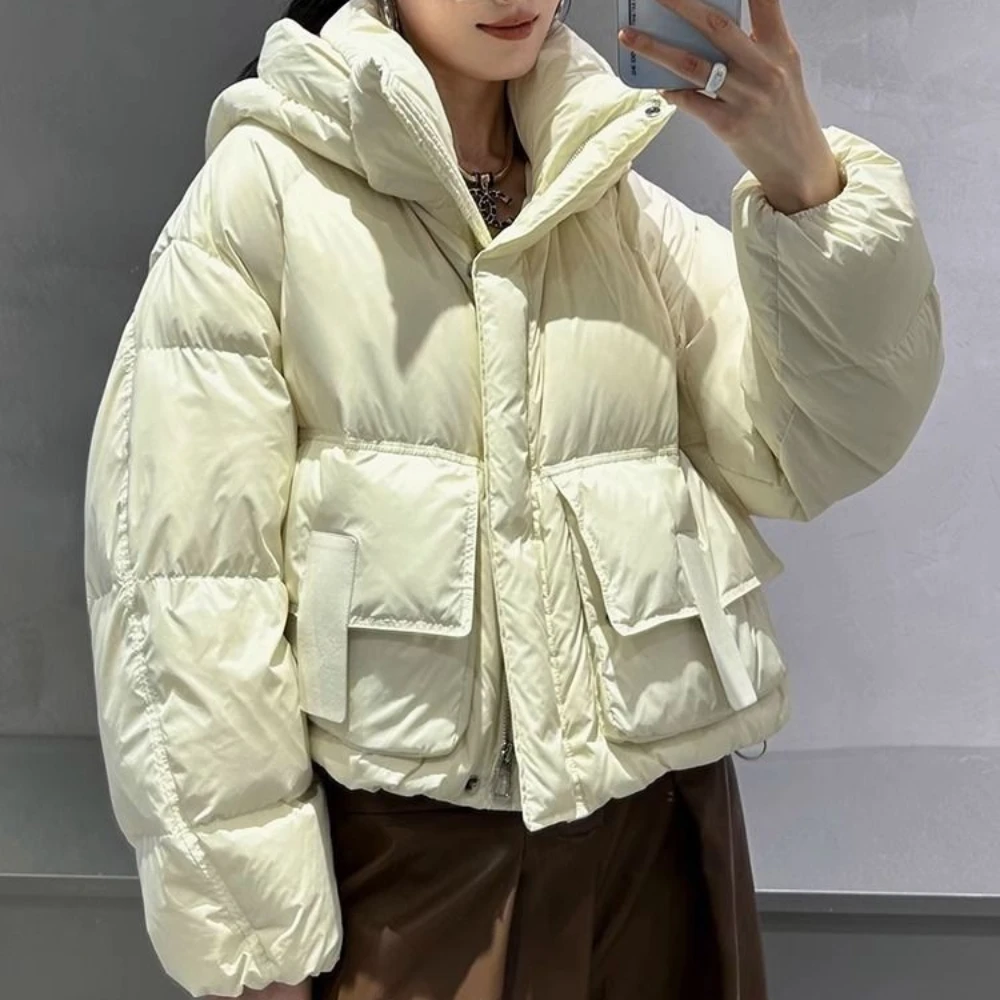 Short Down Jacket for Women, White Duck Down, Warm Parka Coat, Hooded Snowsuit, Thickened Fashion, Bread Clothing