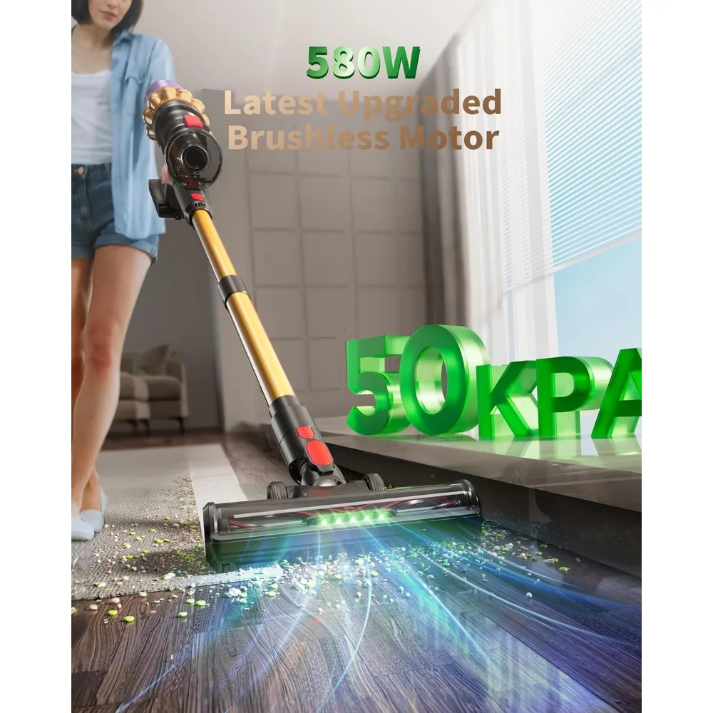 Aspirapolvere domestico wireless: 580 W, aspirazione 50 Kpa, autonomia di 65 minuti con spazzola antigroviglio e ricarica a parete