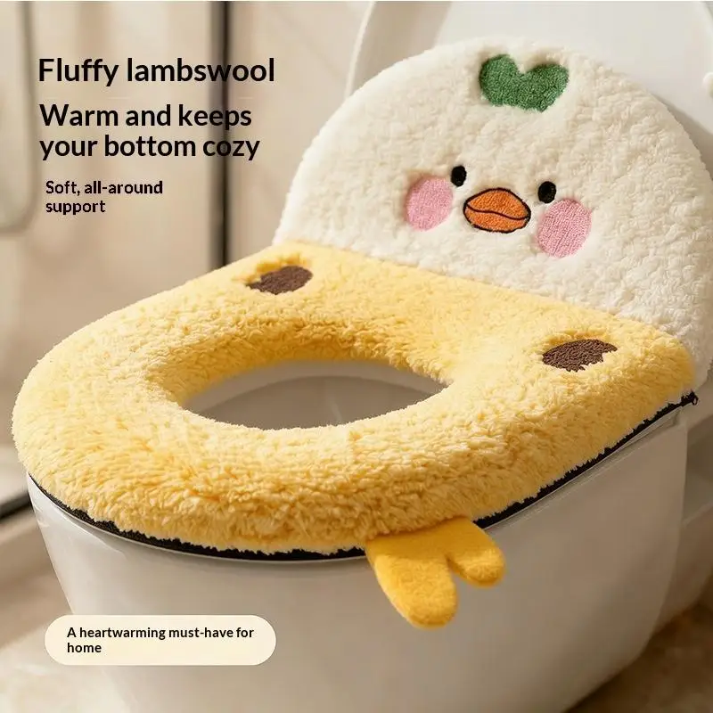 Durable Thickened Lamb Fleece Toilet Seat Cover Cartoon Backrest Full Wrap Zipper Warm for Winter Bathroom Household