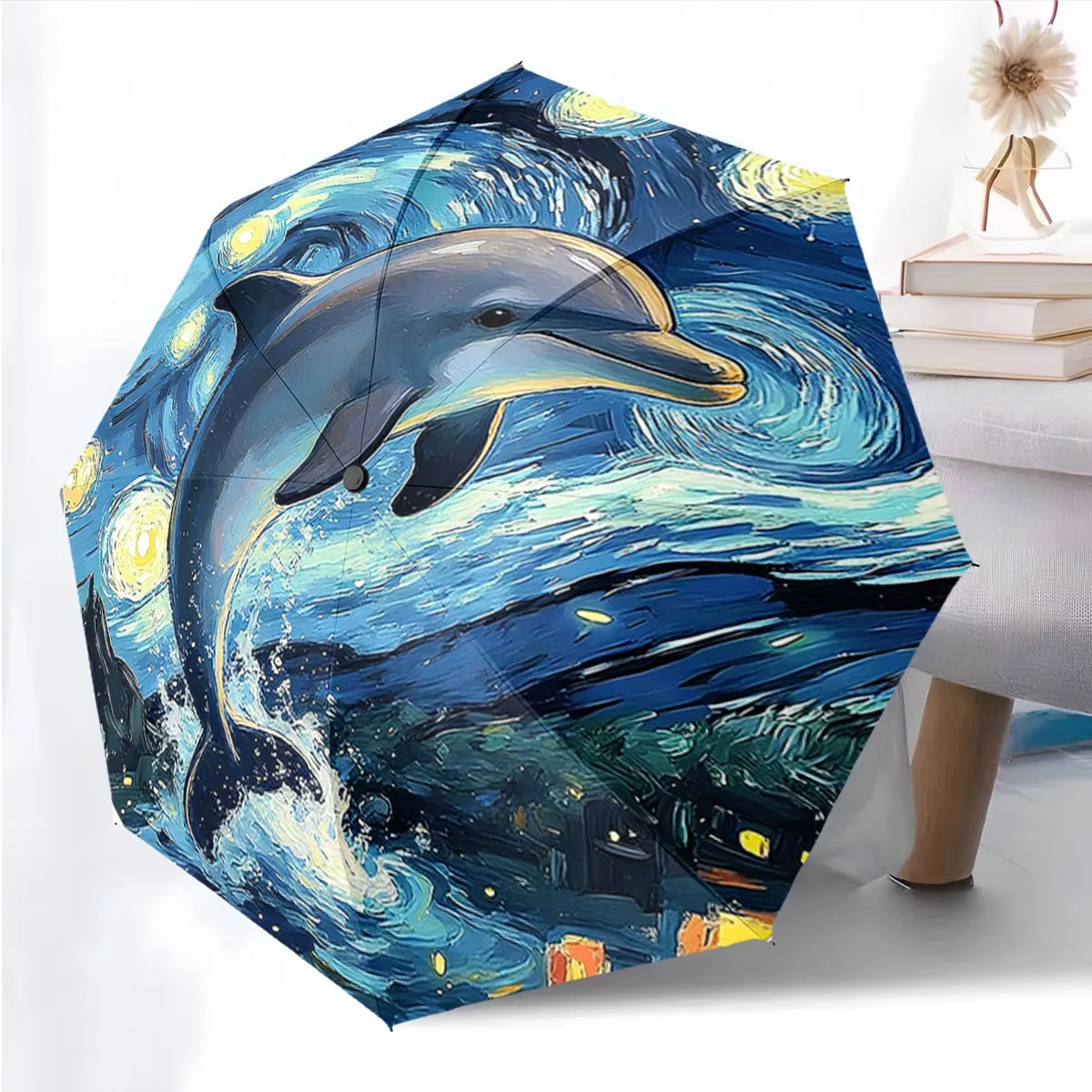 1PC Artistic Dolphin Under Starry Sky Umbrella Design Print 8 Iron Ribs Folding Umbrella Auto-Open Fashion Sunshade