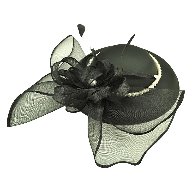 European Large Wedding Hat For Women Mesh Bow Pearl Satin Fascinator Hat Headwear High End Cocktail Party Fedora Cap Headdress