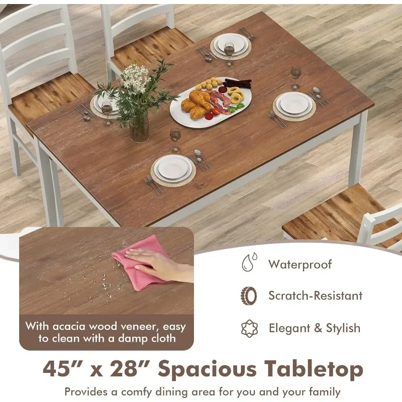 Juego de mesa de comedor para 4, mesa Rectangular de madera maciza y 4 sillas, juego de comedor de granja con patas de madera de goma, 5 piezas