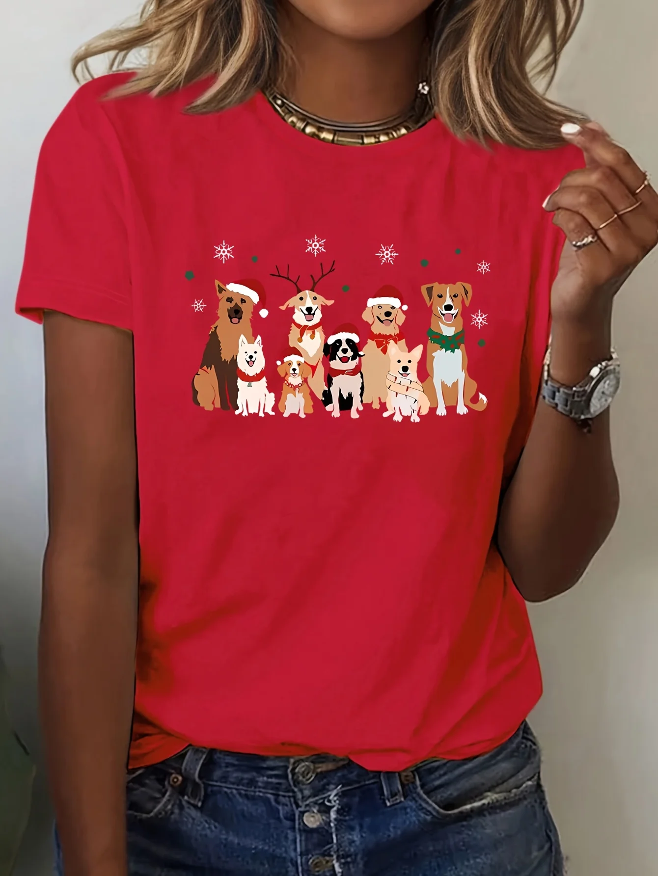 Women's Festive Christmas Dog Print Casual Short Sleeve Round Neck Top Polyester Young Style Cartoon Graphic Aesthetic Clothe