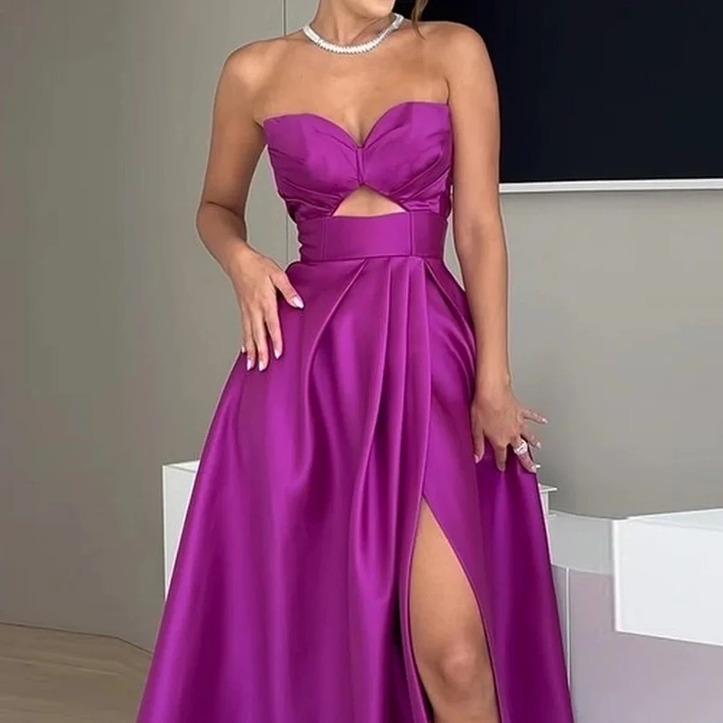 ECR Sexy Slimming Long Dresses For Women Strapless Sleeveless Backless High Waist Thigh Split Folds Dress Female Fashion Style