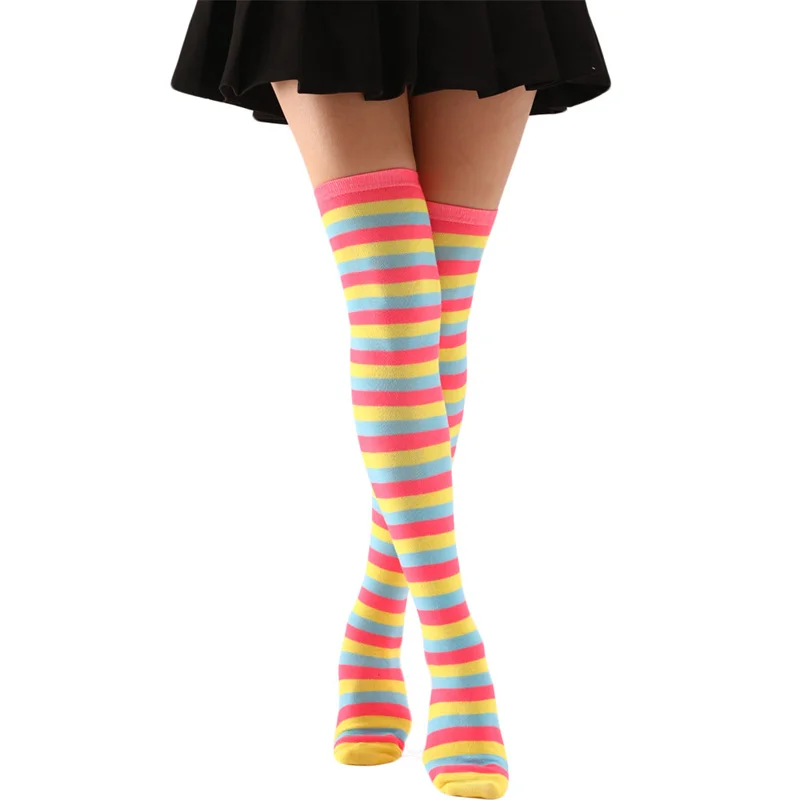 New Colorful Striped Stocking Personality Over The Knee Long Socks Winter Warm Anime Cosplay Socks Halloween Christmas Party Sox