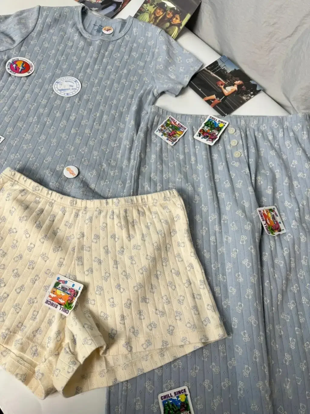 Little Bears Eyelet Top Pant Sets Cartoon Print Tees with Three Buttons Long Pants Suit For Women Casual Sweet Set Outfits