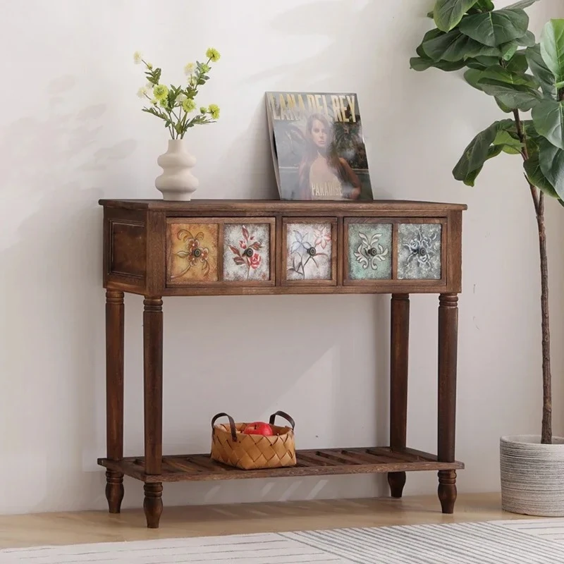 & Italian Solid Wood Console Table Living Room Furniture Retro Pattern Entrance Console Cabinet Home Corridor Entry Hallway Tabl