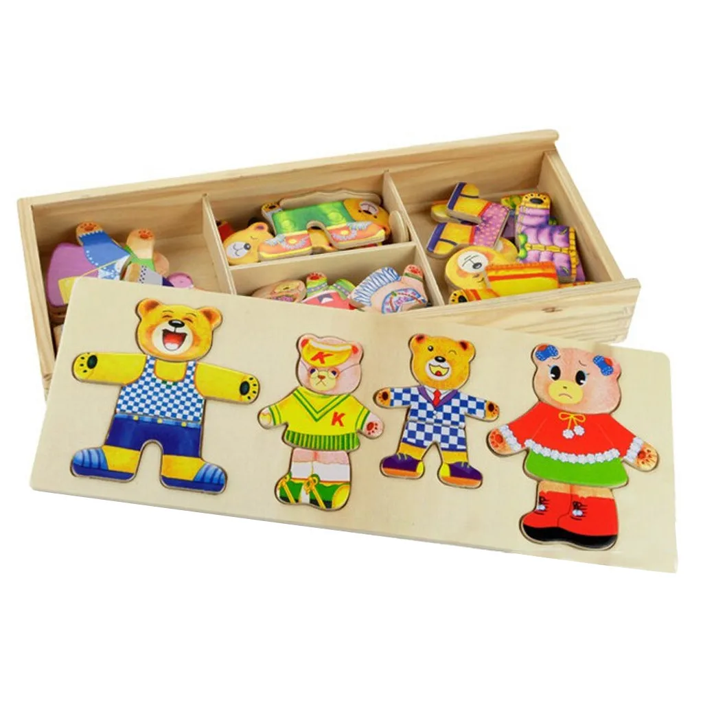 Cartoon Change Clothes Kids Early Educational Wooden Toy Jigsaw Puzzle Bear Dressing Matching Game Toys For Children Gift