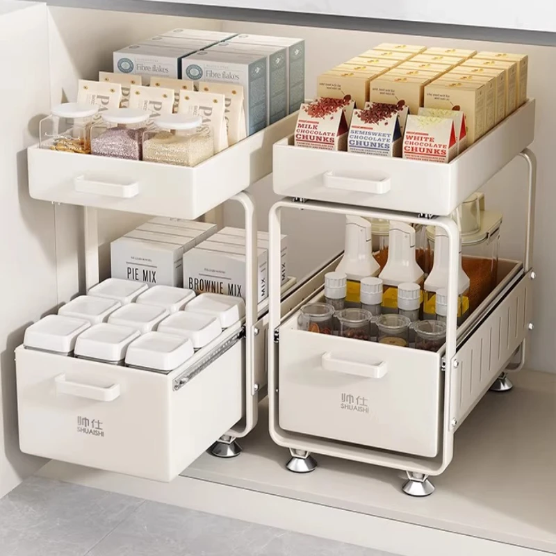 Under Sink Organizer Pull Out, Sliding Drawer Rack for Kitchen Cabinet, Multilayer Storage Basket for Pots Dishes Seasoning