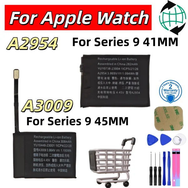 100% New A2954 A3009 Replacement Battery For Apple Watch Series 9 S9 41mm 45mm GPS Cellular Li-Polymer Battery With Repair Kit