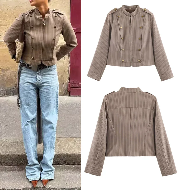 Women's Stand Collar Long Sleeve Jacket Casual Double Breasted Short Blazer Outerwear Slim Fit Autumn Winter Coat for Female