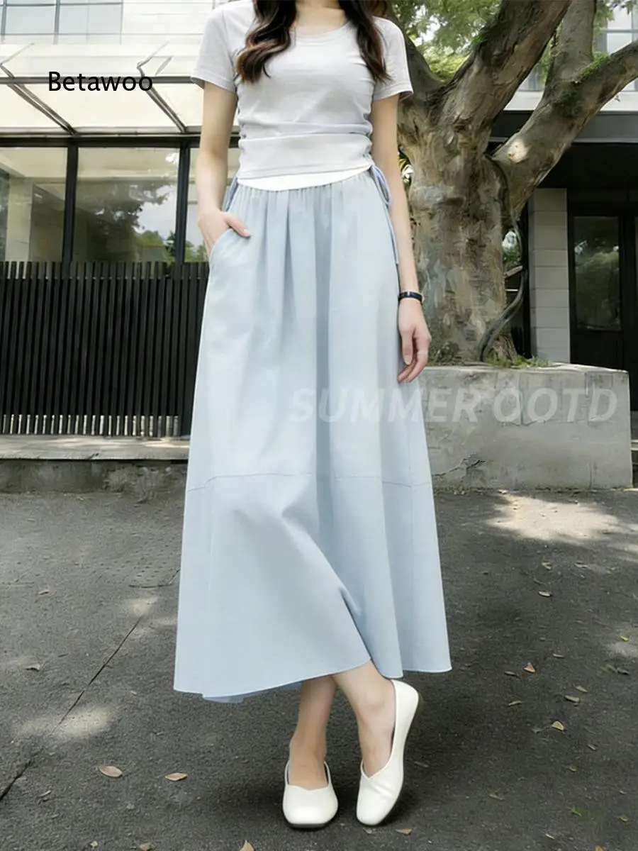Women Lightweight Ice Silk Midi Skirt In Gray Blue Color High Waist A Line Pleated Design Slim Looking Nine Length Elegant Bott