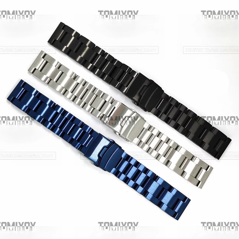22 24MM Flat End Black Blue Silver 5.7MM Thicked Solid Stainless Steel Three Beads Dive Watch Band