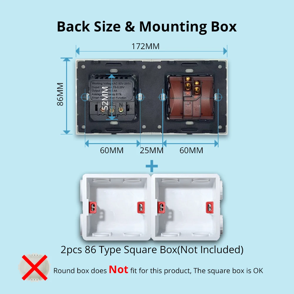 Wallpad 172*86mm Aluminum Panel Wall Light Switch LED Dimmer USB Charge EU Socket Outlet 1 2 3 Gang 2 Way Rocker Silver Button