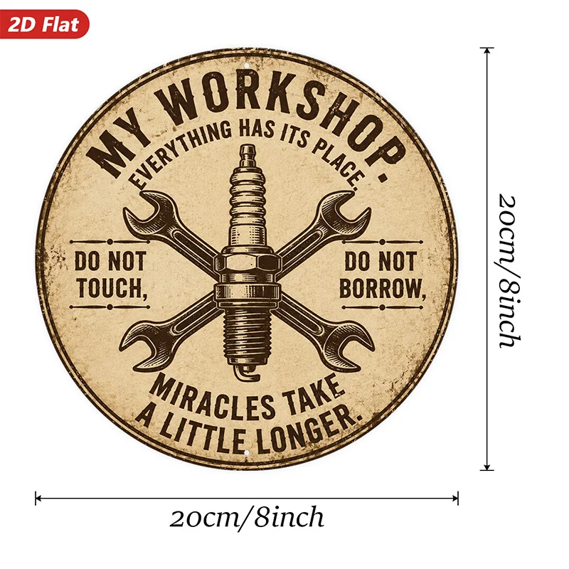 2D Flat, 1pc Workbench Wrench Crossed Spark Round Metal Sign Wall Art, Vintage Circular Emblem, Crossed Wrenches And Spark Plug,