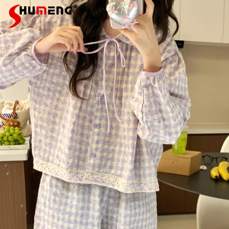 All Cotton Plaid Pajamas for Women Spring Autumn Sweet Purple Sleep Wear Female Floral Palace Style Long Sleeve Homewear Set