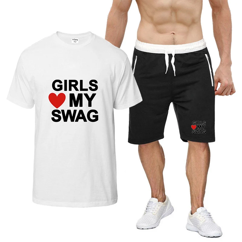 Men's GIRLS LOVE MY SWAG Funny Logo Print Short Sleeve Casual Slim Fit Basic Designed Quick-drying T-shirt Pants Suits