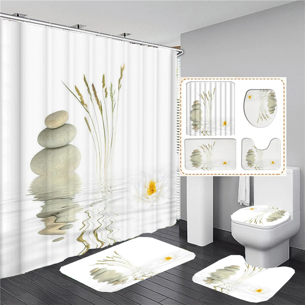 Flowers Zen Stone Shower Curtain Sets with Non-Slip Rugs Toilet Lid Cover and Bath Mat Waterproof Bathroom Curtains Home Decor