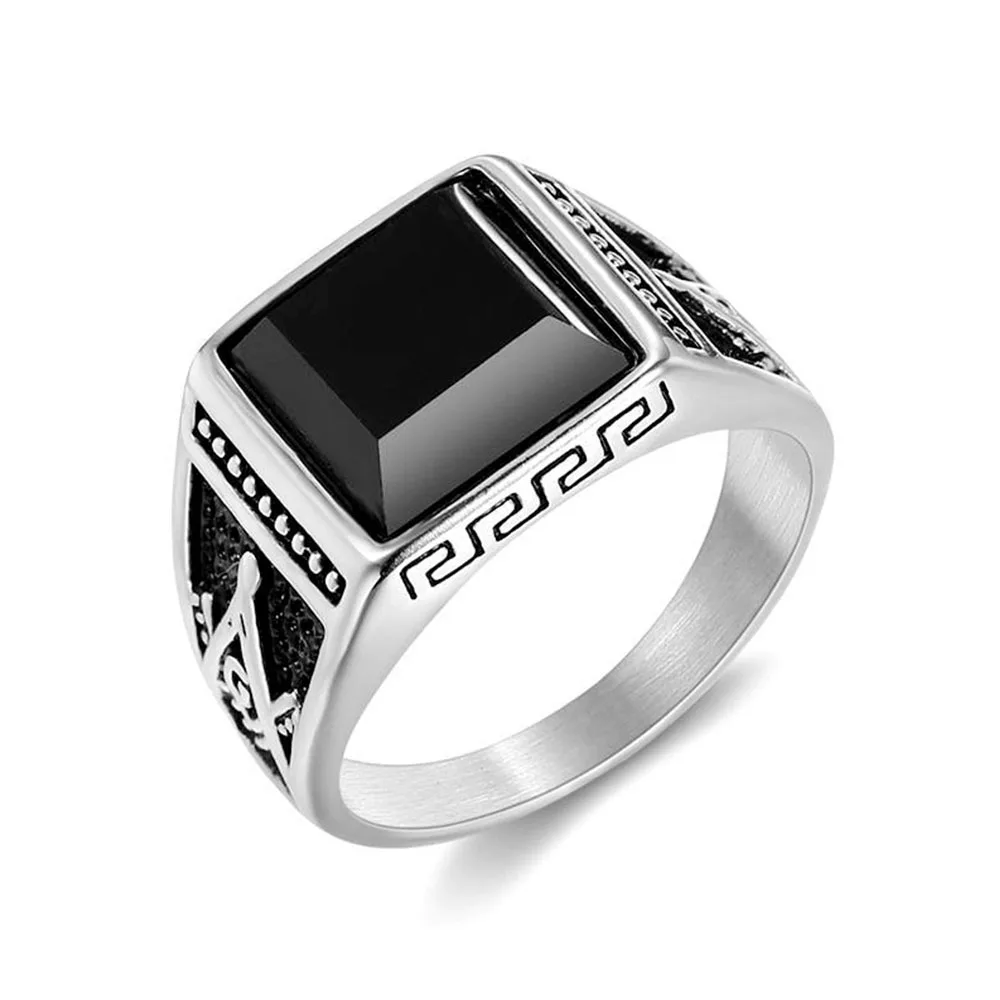 Gothic Punk Masonic Stainless Steel AG Ring Alabaster Onyx Noble Casting Ring Creative Ring Men Jewelry