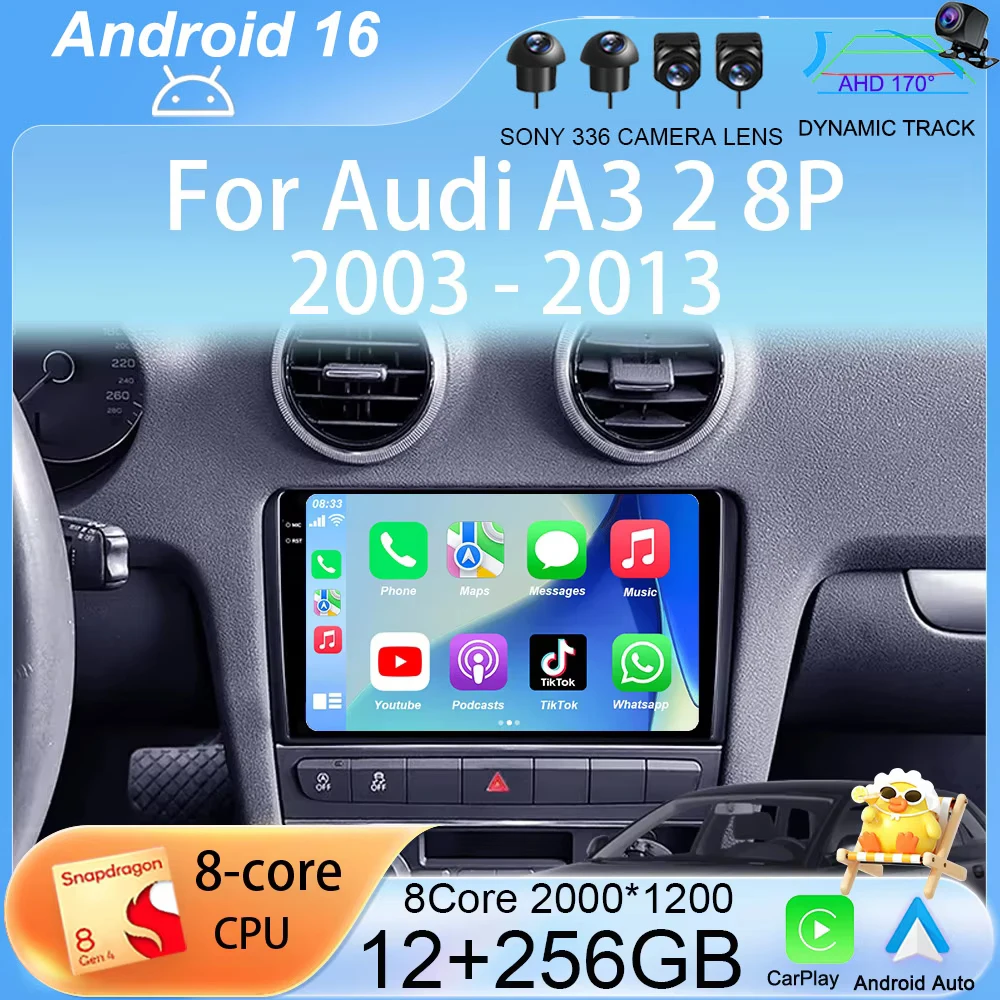

Беспроводное автомагнитоло с CarPlay и Android 16 для Audi A3 2 8P 2003-2013, мультимедийная GPS-система, 4G, Wi-Fi, DSP, без DVD, 2DIN