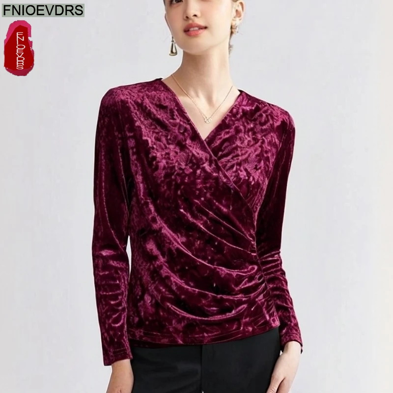 

Черные, фиолетовые бархатные топы, блузки, новые модные женские осенние рубашки с длинным рукавом, элегантные офисные женские рубашки с v-образным вырезом, однотонные блестящие драпированные базовые рубашки