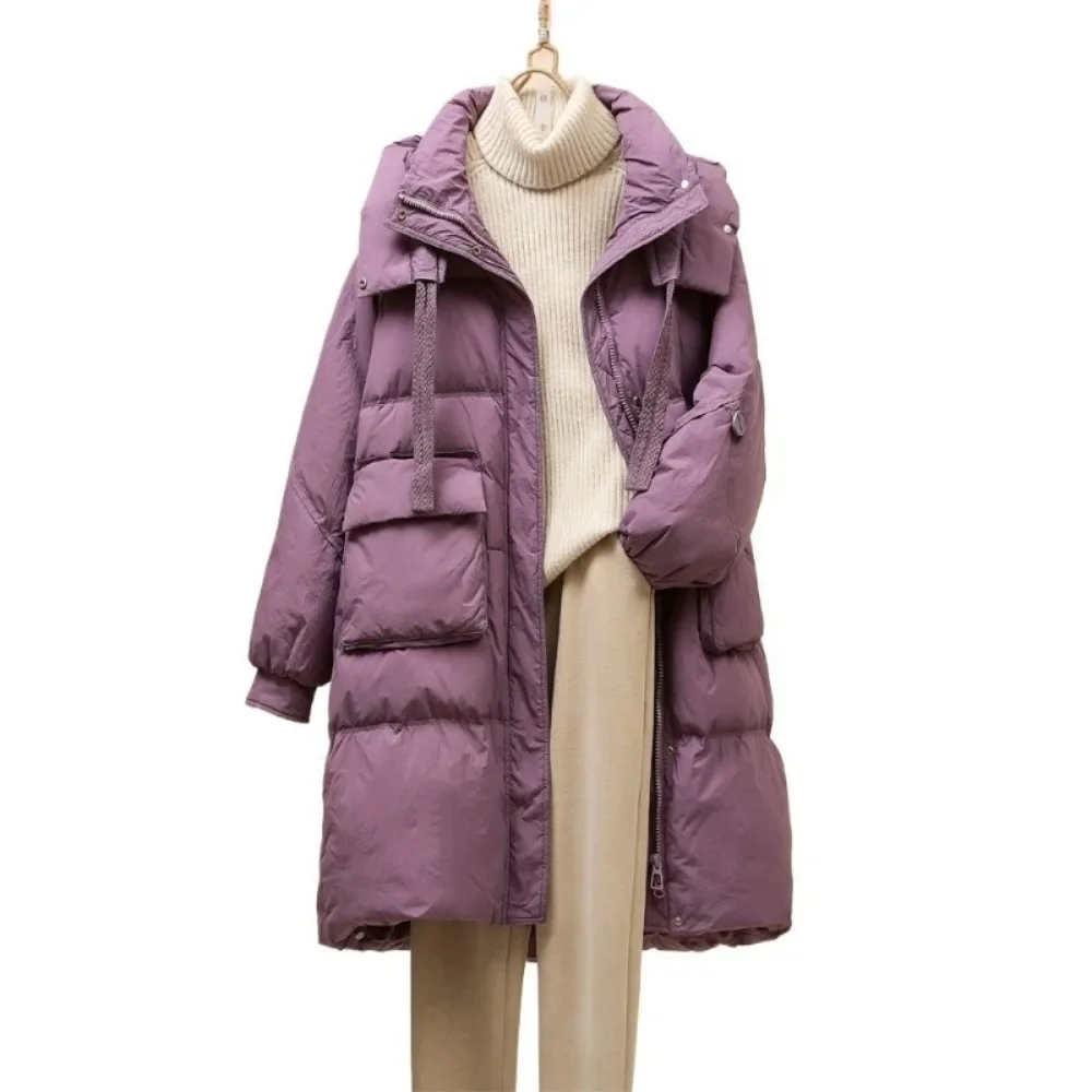 2024 New Female Hooded Long Down Jackets Thick Thermal Overcoats Korean Style Solid Color Pockets Drawstring Fluffly Coat