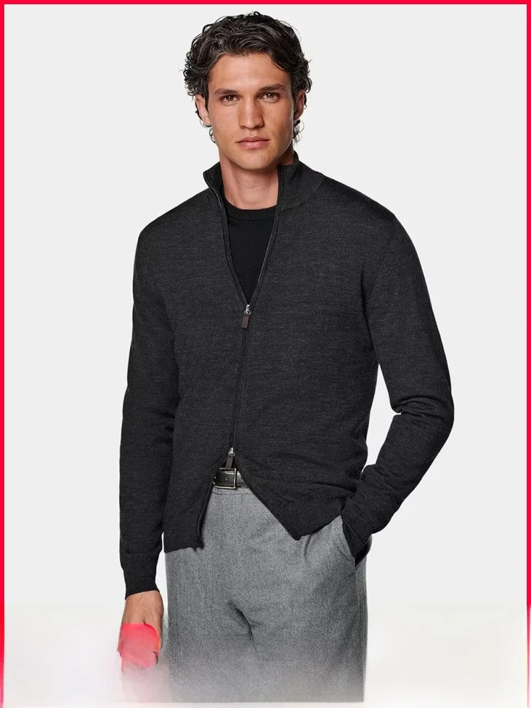 

Open Cardigan Wool Silk Blend Casual Sle Zipper Decoration Knitted Outerwear for Men Soft Warm Spring Autumn Wear