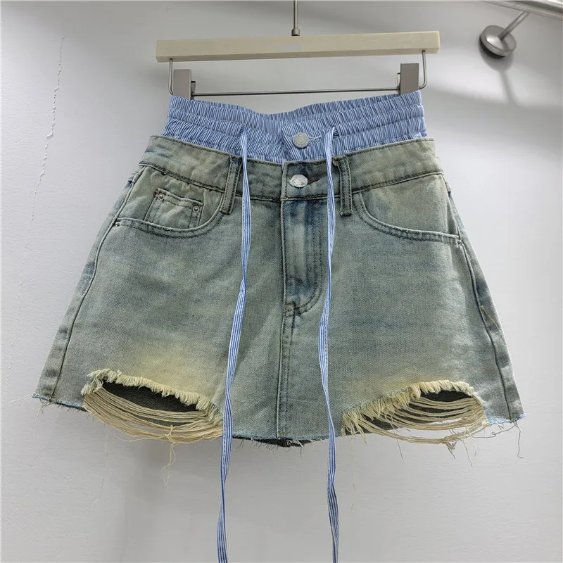 2026 Summer New Retro Niche High Waist Versatile Color Block Splicing Irregular Frayed Denim Skort Women