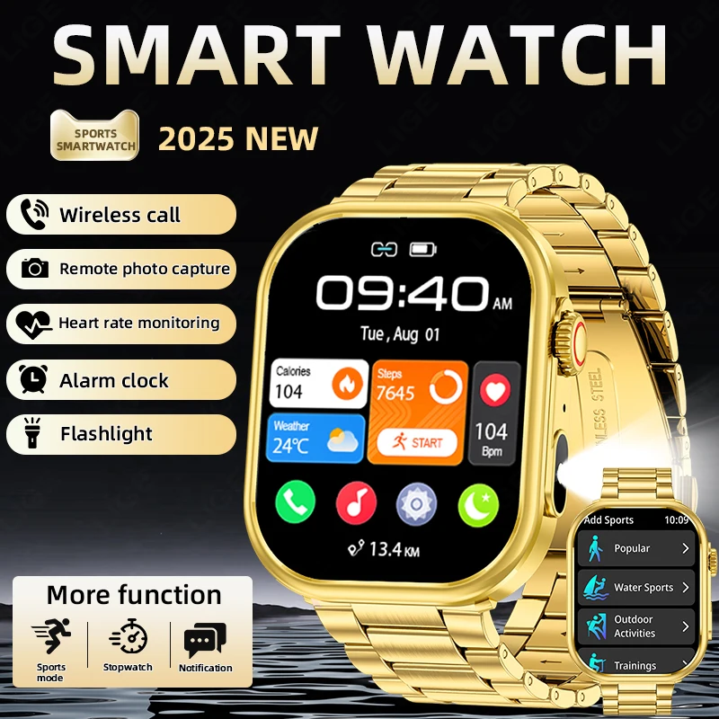 

LIGE New Smart Watch Men 2.01'' HD Flashlight Bluetooth Call Heart Rate Sleep Health Monitor Sports Waterproof Smartwatch Women