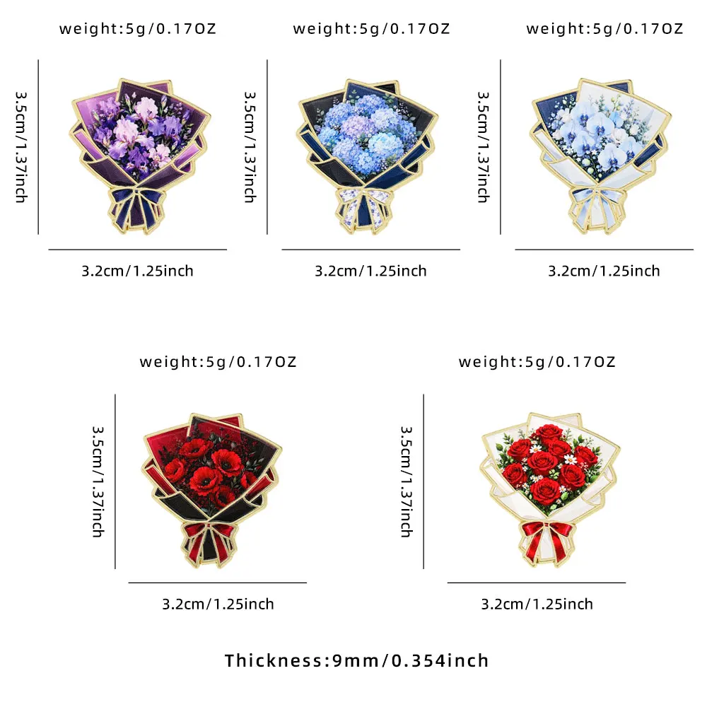 5Pcs Flower Bouquet Enamel Pin, Cute Floral Brooch, Rose Hydrangea Iris Lapel Pin, Metal Badge Wedding Bride Gift