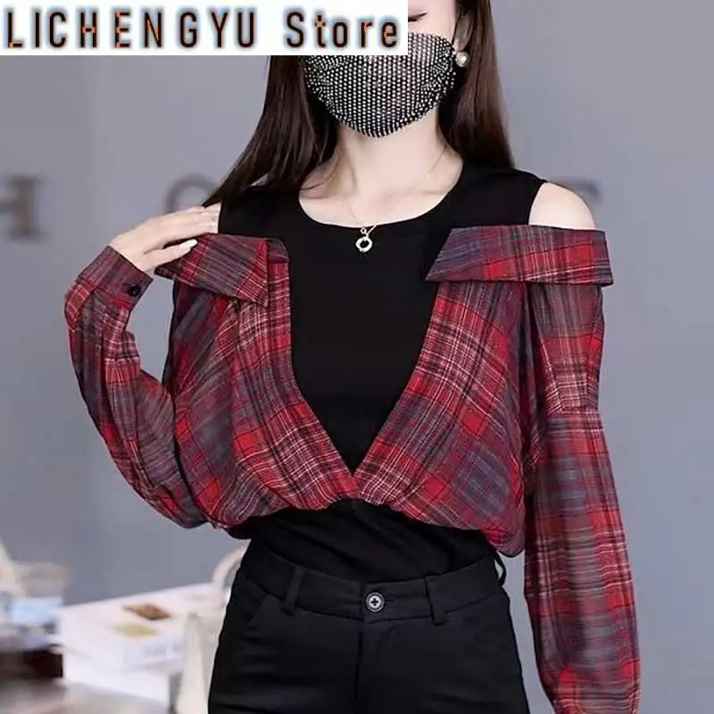 

Модная клетчатая футболка с открытыми плечами, искусственная футболка из двух предметов, женская одежда, новые весенние свободные корейские топы, повседневная футболка