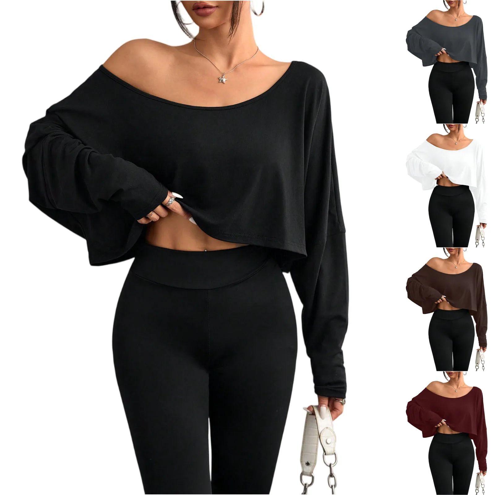 Women Off Shoulder Tops Long Sleeve Solid Color Cropped Loose Fit Casual Trendy Chic Effortless Stylish Daily Wear Blouse