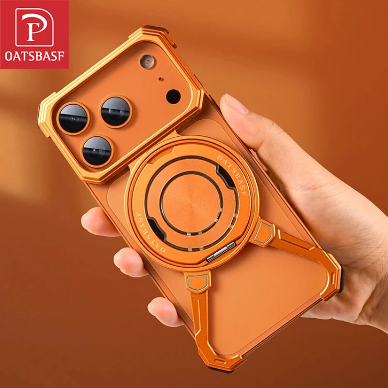 

Металлический чехол для телефона Oatsbasf для iPhone 17 Pro Max с 360° ° Поворотная подставка с кольцом, безрамный противоударный защитный чехол-бампер для телефона