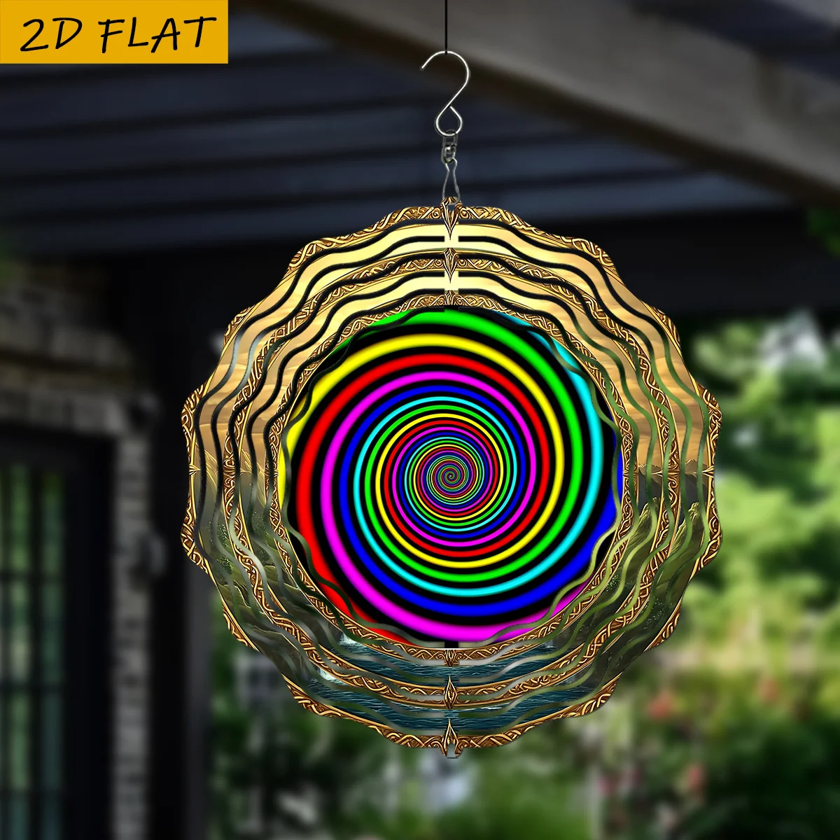 CIFbuy Rainbow Spiral Metal Wind Chime, 2D Flat Round Iron Art, Solar Powered, Garden Patio Outdoor Decorative Ornament