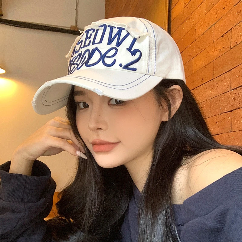 Vintage Distressed Cotton Baseball Cap for Women Embroidered Lettering Adjustable 56-62cm All-Season Duckbill Hat