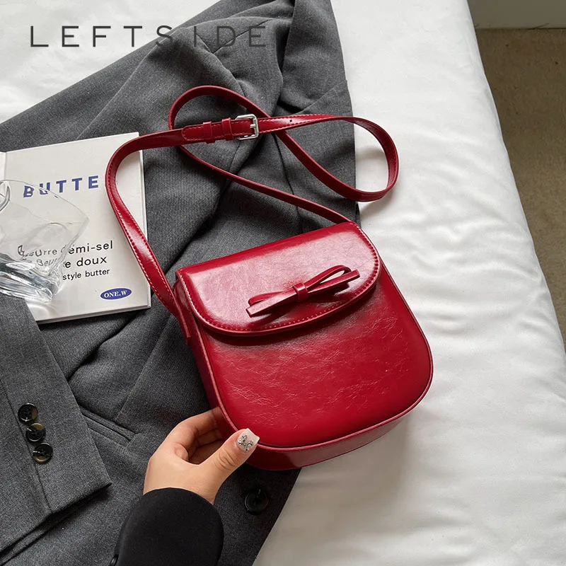 

LEFTSIDE Mini Bow Crossbody Bags for Women 2024 Korean Fashion Red PU Leather Shoulder Bag Tote Bags Lady Handbags and Purses