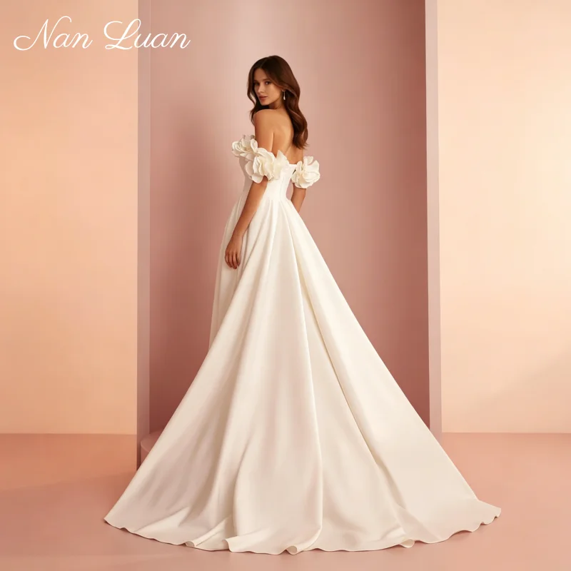 Minimal Floral Off Shoulder Plain Satin A Line Wedding Dress Chapel Train Vestidos de Novia Customized