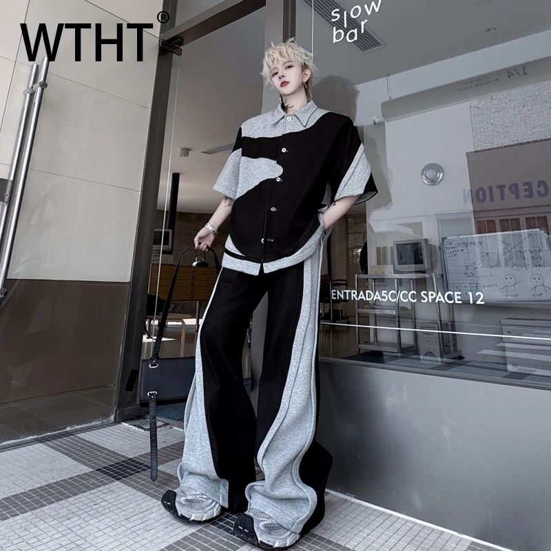 

WTHT Fashion Men's Suit Spliced Contrast Color Loose Lapel Shirts Casual High-waisted Straignt Pants Set Male 2025 Summer 2A0796