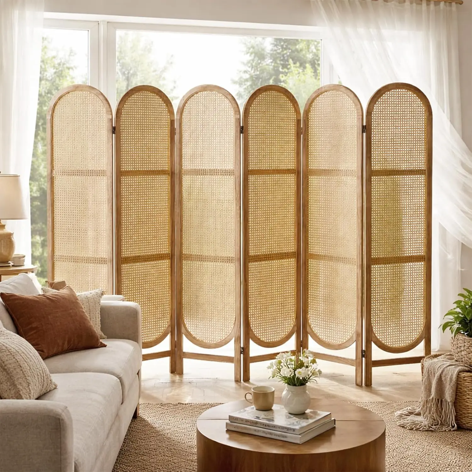 6-Panel Rattan Folding Room Divider 5.6Ft Natural Freestanding Privacy Screen with Double Hinges Lightweight Paulownia Wood for