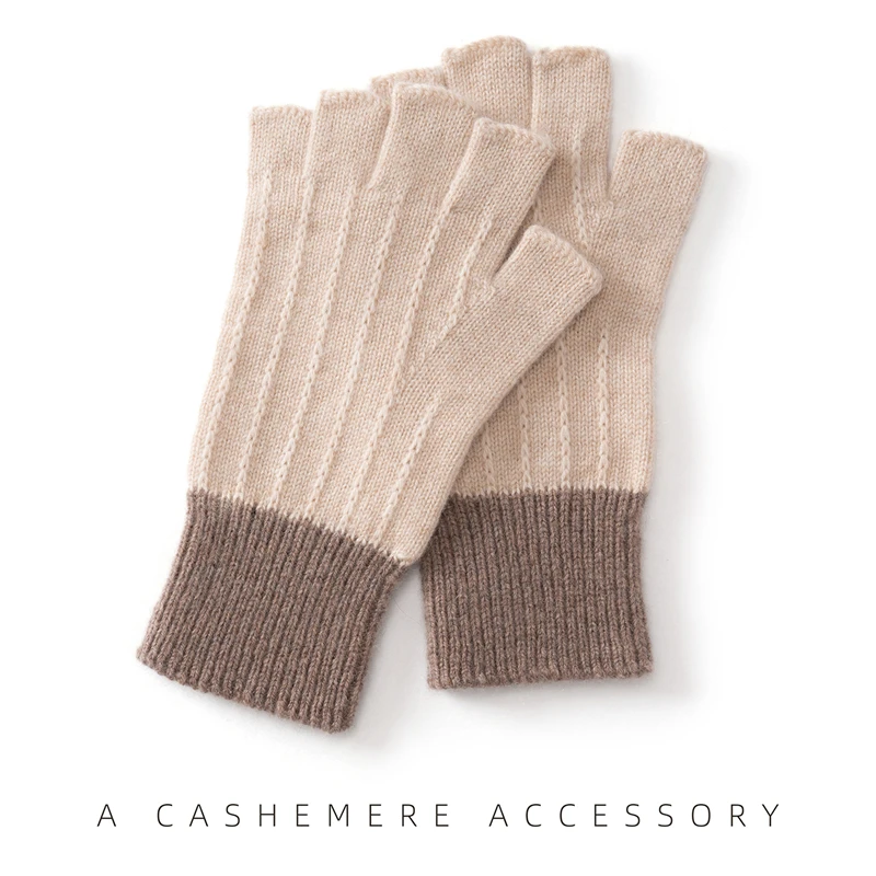 High quality cashmere gloves women's knitted five finger gloves fashion color blocked half section touchscreen gloves winter