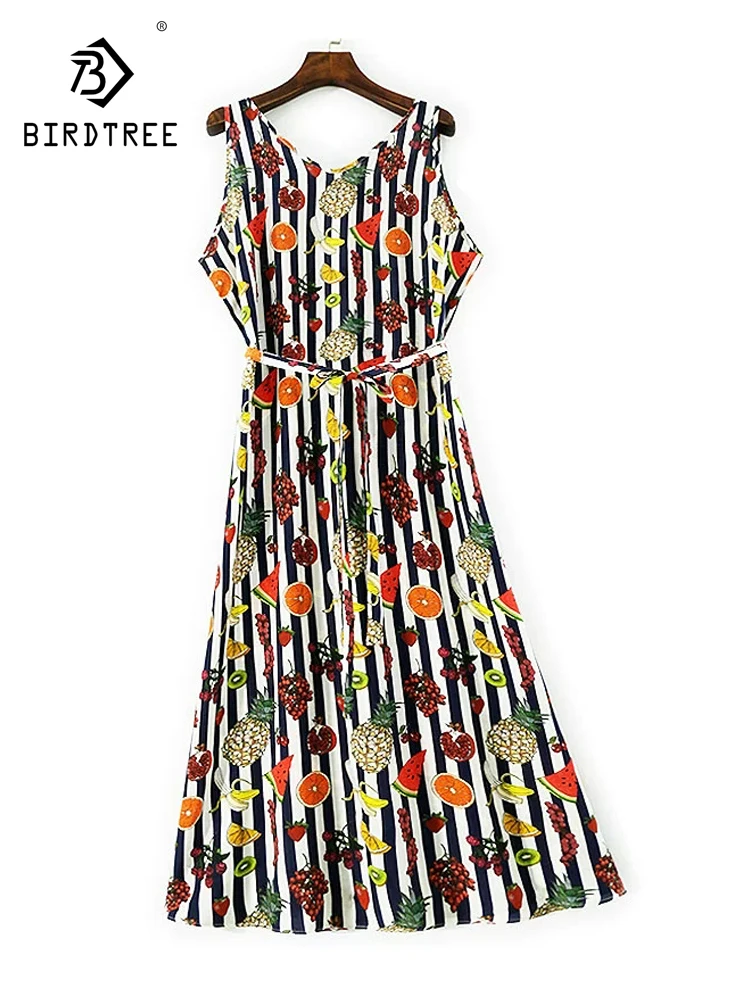 BirdTree-zijde elegante vestjurk, V-hals mouwloos fruitprint vetersluiting, dames strandvakantie feestjurk, 2026 lente D5D460CC