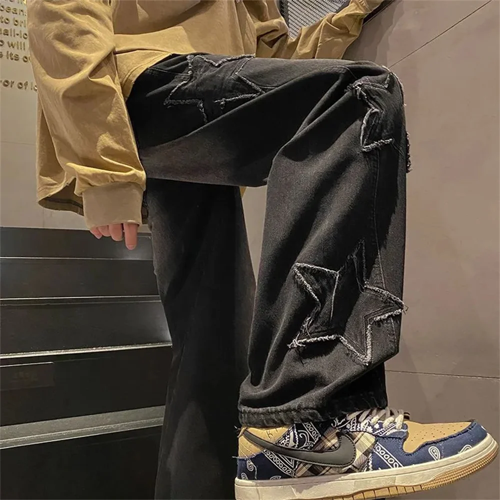 

Stars Embroidery Street Jeans Srtaight Casual Denim Pants Y2K Clothes Cargo Hip Hop Cotton Harajuku Denim Trousers Pants Homme