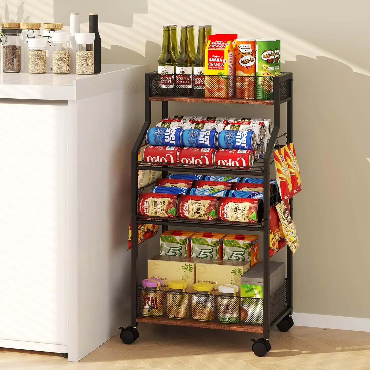 

Rolling Snack Cart with Wheels, Multi-Layer Soda Can Organizer for Pantry, Mobile Beverage Storage Rack in Black Brown