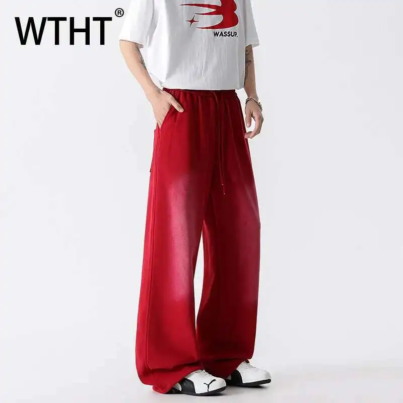 

WTHT модные летние мужские прямые спортивные брюки с градиентом на шнурке, модные свободные широкие брюки с высокой талией, мужские 2A0014