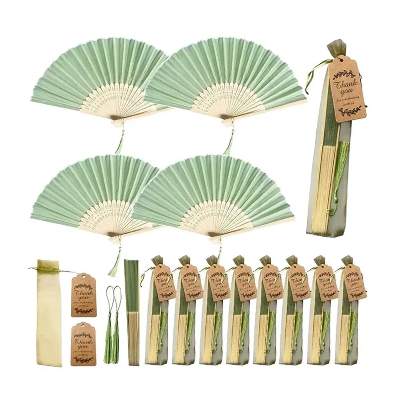 AB46-Bulk 30 Set Green Fans For Guests, Handmade Folding Handheld Fans For DIY Bridal Shower Wedding Banquet,Party