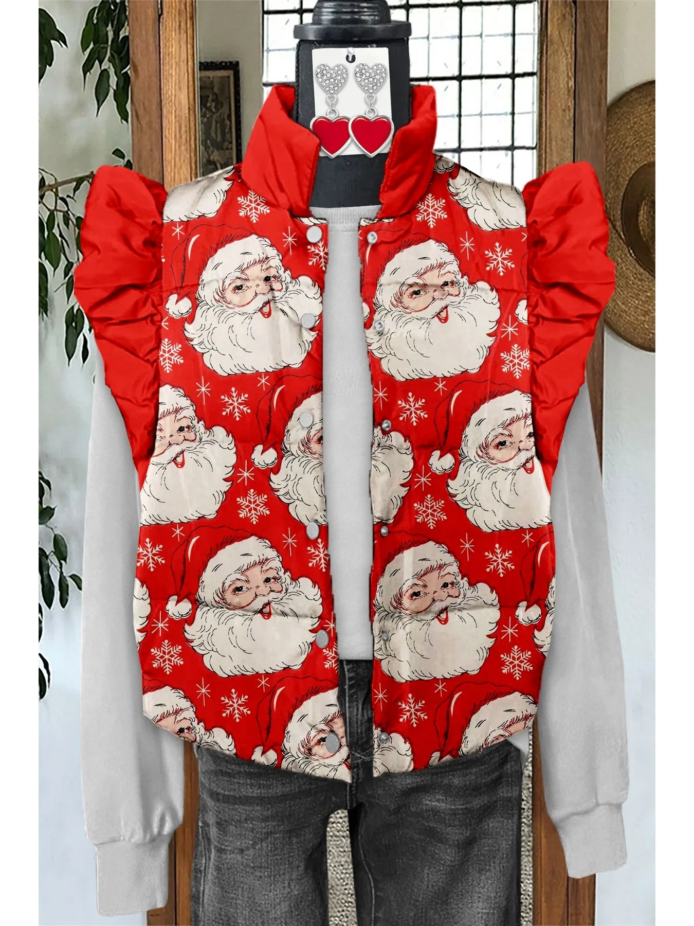 Plus Size, Plus-size Women's Stand Collar -padded Waistcoat, Autumn and Winter Snap-button Sleeveless Coat with Ruffled Shoulders, Windproof and Warm Outerwear for Layering, Suitable for Daily Commuting, Street Wear and Other Scenarios