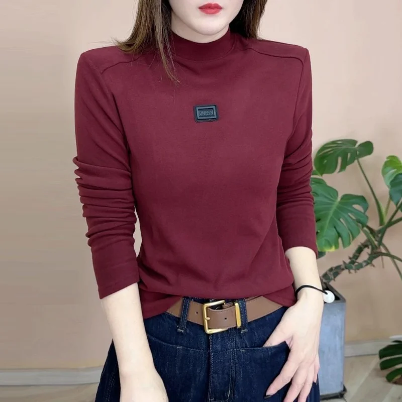 Velvet Thickened Winter Warm Bottom Shirt for Women's Top Half Turtle Neck Temperament Slim and Versatile T-shirt for Women