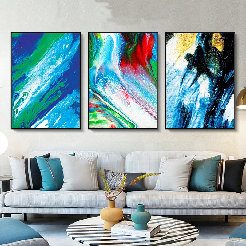 Modern Luxury Line Canvas Art Paintings Abstract Blue Orange Liquified Sea Posters And Prints Living Room Home Bedroom Decor