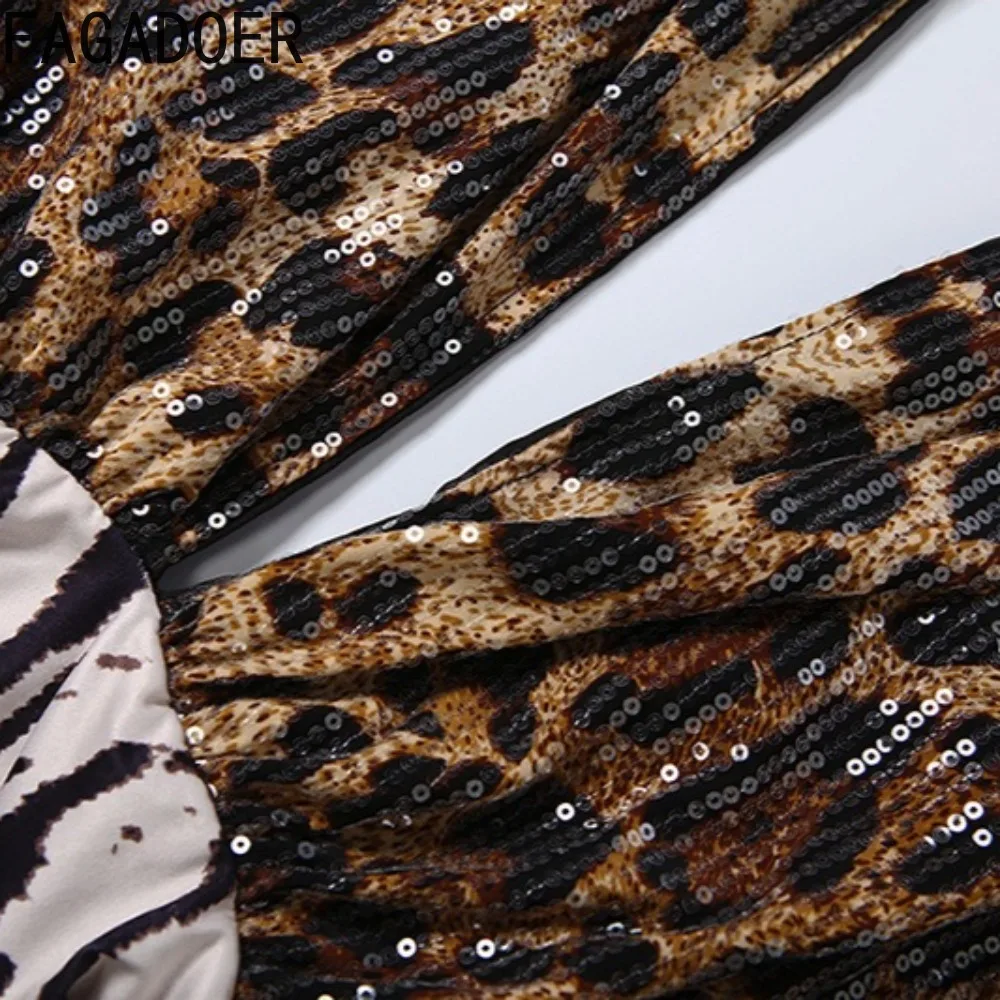 FAGADOER Sexy Leopard Print Patchwork Bodycon Rompers Women Deep V-neck Long Sleeves Jumpsuits Female Streetwear Overalls New