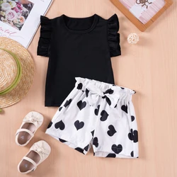 Summer Baby Set Cute Girl Sweet Solid Color Flying Sleeve+Love Pattern Shorts Set, Summer Cool Home Casual Clothing